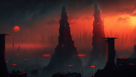 Cyberpunk cityscape landscape with a dystopian and gritty mood. Generative AI.の素材