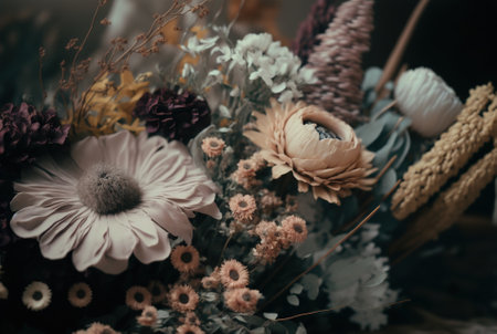 A close-up of a dried wreath made of flowers in soft muted tones. Generative AI.の素材