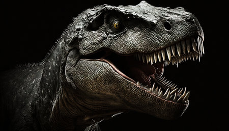 Closeup on head with sharp teeth of carnivorous dinosaur Tyrannosaurus . Prehistoric predator. Generative AI.の素材