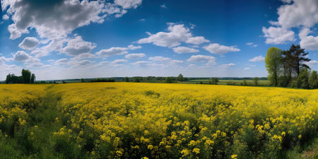Spring flower field and blue sky with white clouds. Generative AI.の素材