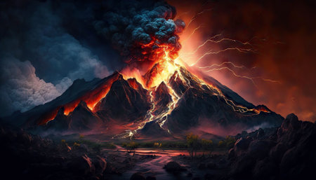 Volcano eruption. Lava flow down the slopes. Smoke rises in night sky. Generative AI.の素材