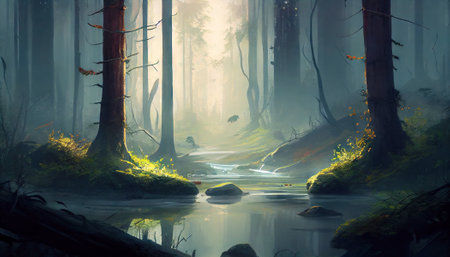 Misty forest with trees and water stream. Fairy world. Generative AI.の素材