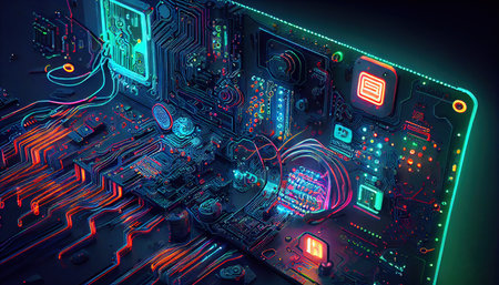 Cyberpunk intricate electronic machine with neon light. Circuit boards and wires. Generative AI.の素材