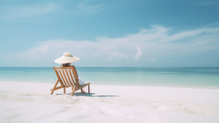 Woman relaxing on tropical beach against paradise ocean. Summer seascape with palm leaves. Generative AI.の素材