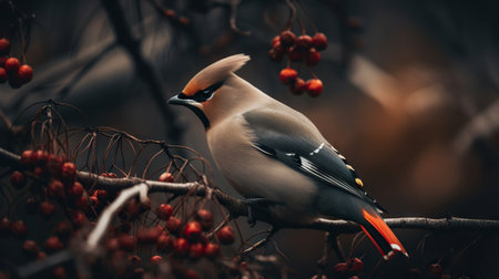A Bohemian Waxwing bird stands on a tree branch. Generative AI.の素材