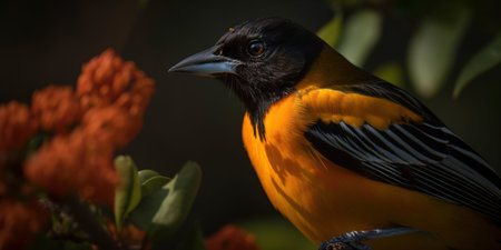 Northern Oriole bird with forest background. Generative AI.の素材