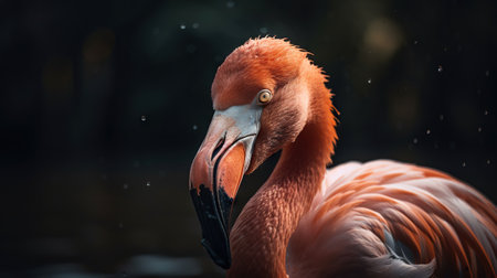 Pink flamingo close up standing with forest background. Generative AI.の素材