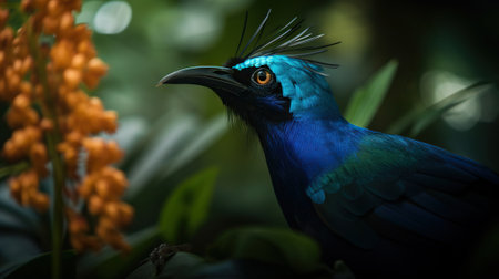 Blue Bird-of-Paradise close up with plants background. Generative AI.の素材