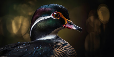 A wood duck bird portrait. Blurry background. Generative AI.の素材