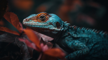 Colorful forest lizard on a tree bark in forest. Generative AI.の素材