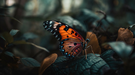 Colorful big butterfly sitting on green leaves, beautiful insect in the nature habitat. Generative AI.の素材