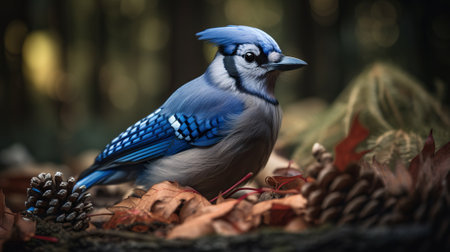 Blue Jay bird closeup with forest background. Generative AI.の素材