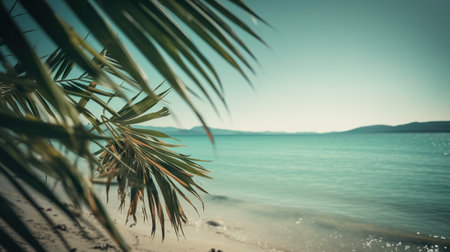 Tropical summer seascape with palm leaves, beach and paradise ocean. Vacation and travel backdrop. Generative AI.の素材