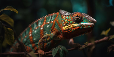 Colorful chameleon isolated on leaves background. Lizard on the green leaves. Generative AI.の素材