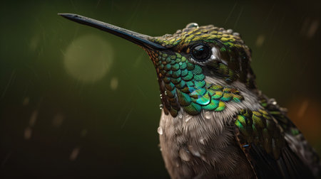 Closeup of hummingbird on a green background. Generative AI.の素材