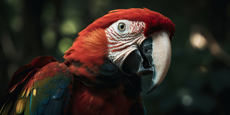 Scarlet macaw parrot on forest background. Generative AI.の素材