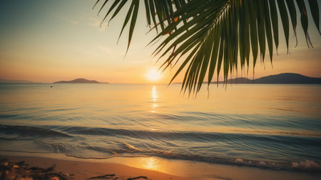 Tropical summer seascape with palm leaves, beach and paradise ocean on sunset. Generative AI.の素材
