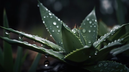 Closeup of aloe tropical plant leaves with rain drops. Green natural backdrop. Generative AI.の素材