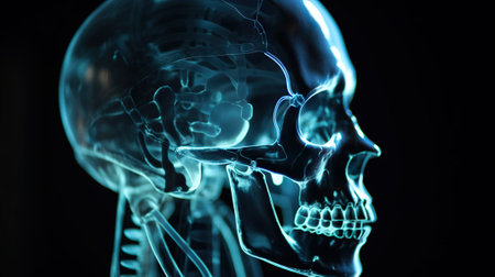Film x-ray skull and cervical spine lateral view. Medicine radiology background. Generative AI.の素材