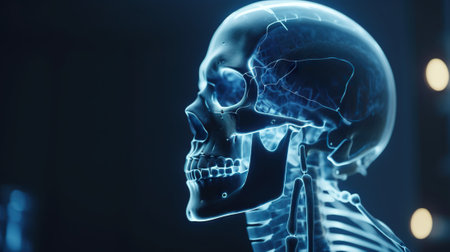 Film x-ray skull and cervical spine lateral view. Medicine radiology background. Generative AI.の素材