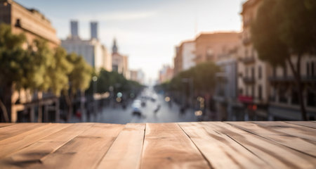 Wood table mockup with Barcelona city street in shallow depth of field. Copy space for product. Generative AI.の素材