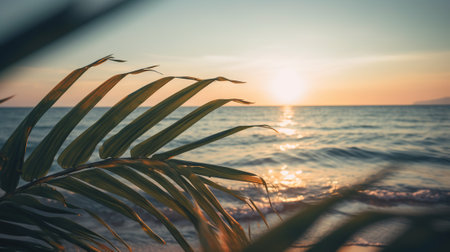 Tropical summer seascape with palm leaves, beach and paradise ocean on sunset. Generative AI.の素材