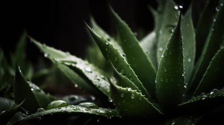 Closeup of aloe tropical plant leaves with rain drops. Green natural backdrop. Generative AI.の素材