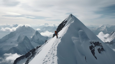 Explorer stand in front of high mountain peak winter snowy landscape. Generative AI.の素材