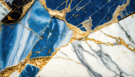 Blue and white marble with golden veins background. Generative AI.の素材