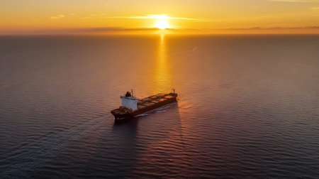 Aerial image of huge fuel tanker ship in the sea on sunset. Generative AI.の素材