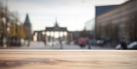 Wood table mockup with Berlin city street in shallow depth of field. Copy space for product. Generative AI.の素材