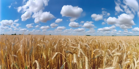 Field of golden ripe wheat under the blue sky and clouds. Generative AI.の素材