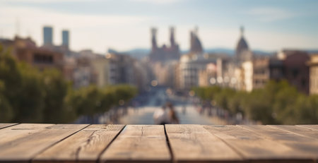 Wood table mockup with Barcelona city street in shallow depth of field. Copy space for product. Generative AI.の素材