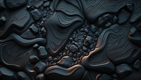 Black lava rock texture. Dark stone surface texture. Generative AI.の素材