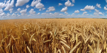 Field of golden ripe wheat under the blue sky and clouds. Generative AI.の素材
