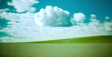 Fresh green field spring landscape with blue sky. Minimalistic empty scene. Generative AI.の素材