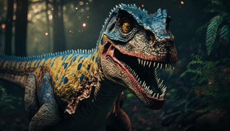 Closeup on head with sharp teeth of carnivorous dinosaur. Prehistoric predator. Generative AI.の素材
