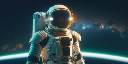 Portrait of astronaut floating in space with a planet behind. Generative AIの素材
