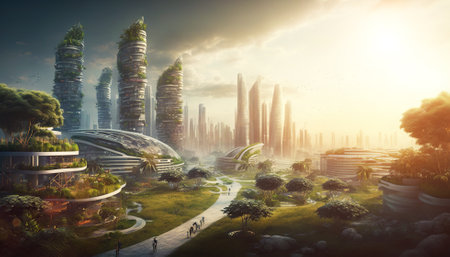 Nature-infused cityscape landscape with an eco-futuristic and serene mood. Generative AI.の素材