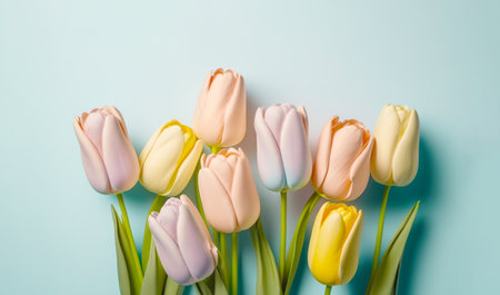 Bouquet of pastel tulips on uniform background. Generative AI.の素材