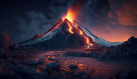 Volcano eruption. Lava flow down the slopes. Smoke rises in night sky. Generative AI.の素材