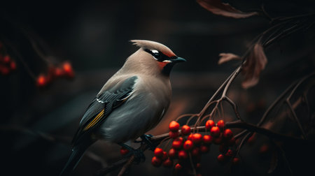 A Bohemian Waxwing bird stands on a tree branch. Generative AI.の素材