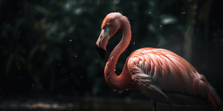 Pink flamingo close up standing with forest background. Generative AI.の素材