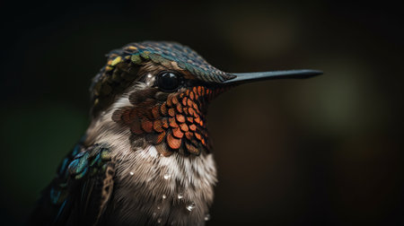 Closeup of hummingbird on a green background. Generative AI.の素材