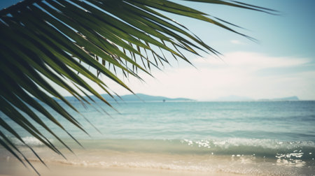 Tropical summer seascape with palm leaves, beach and paradise ocean. Vacation and travel backdrop. Generative AI.の素材