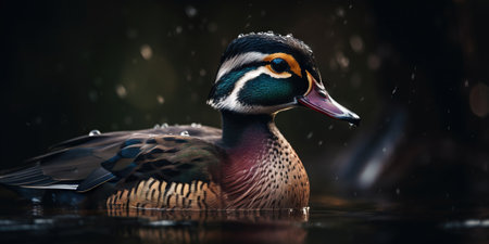A wood duck bird portrait. Blurry background. Generative AI.の素材