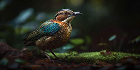 Gurney Pitta bird on floral blurry background. Generative AI.の素材