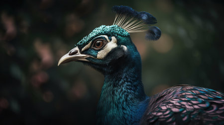 Close up photo of Peacock bird on forest background. Generative AI.の素材