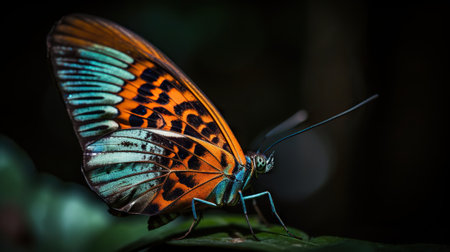 Colorful big butterfly sitting on green leaves, beautiful insect in the nature habitat. Generative AI.の素材