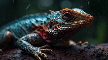 Colorful forest lizard on a tree bark in forest. Generative AI.の素材